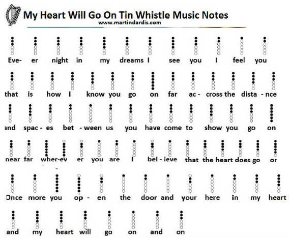 My Heart Will Go On Tin Whistle Letter Notes Music Irish Folk Songs