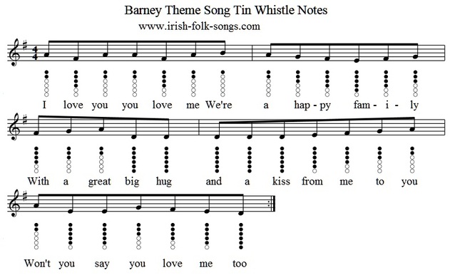 Barney Theme Song I Love You Sheet Music And Tin Whistle Notes Irish