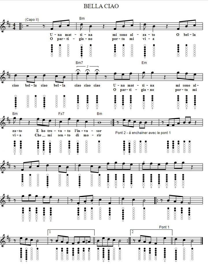 Bella Ciao Piano Letter Notes And Tin Whistle Tab - Irish folk songs