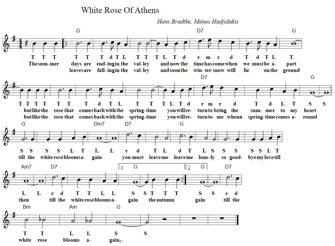 The White Rose Of Athens Lyrics Chords & Sheet Music Notes - Irish folk ...